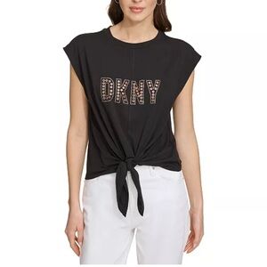 DKNY Women's Grommet-Logo Sleeveless Tie-Hem Top Black Size S